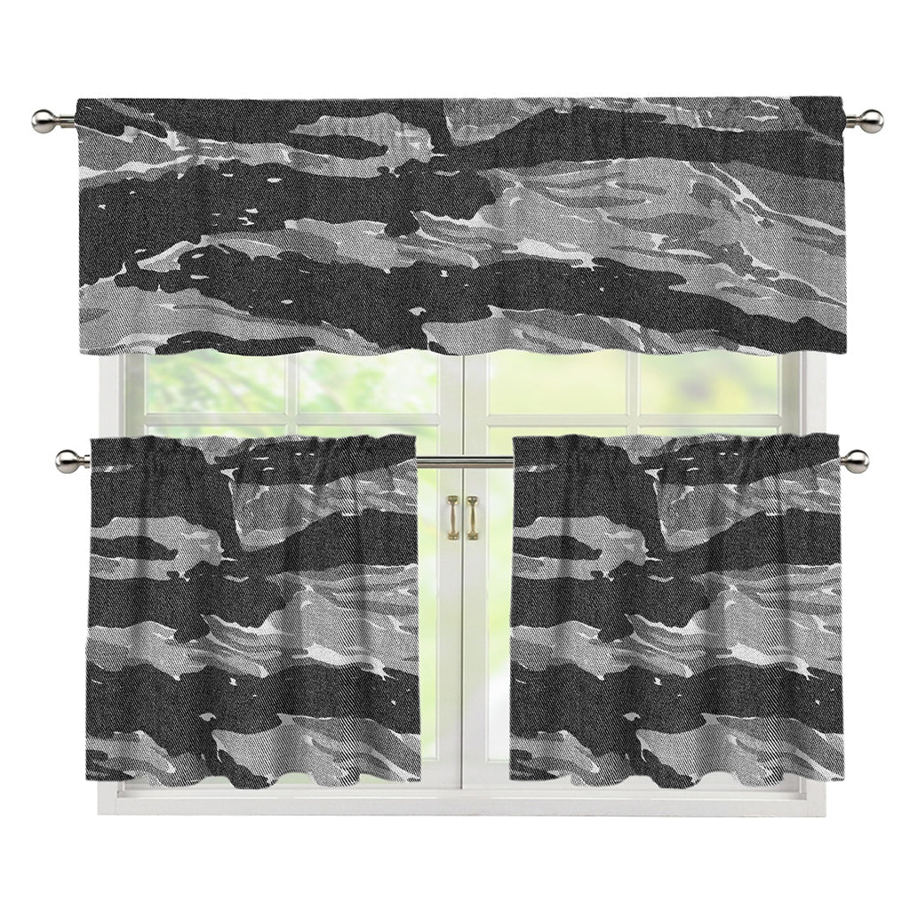 Grey Tiger Stripe Camouflage Print 3 Piece Kitchen Curtains