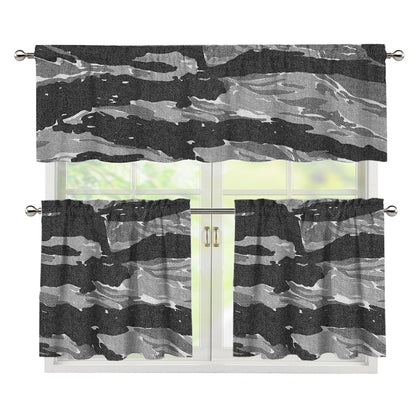 Grey Tiger Stripe Camouflage Print 3 Piece Kitchen Curtains