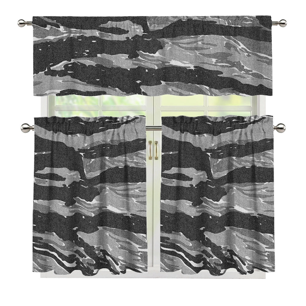 Grey Tiger Stripe Camouflage Print 3 Piece Kitchen Curtains