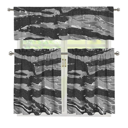 Grey Tiger Stripe Camouflage Print 3 Piece Kitchen Curtains