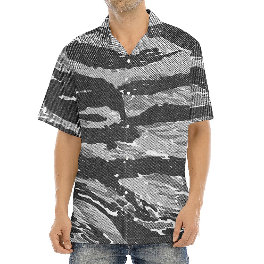 Grey Tiger Stripe Camouflage Print Aloha Shirt