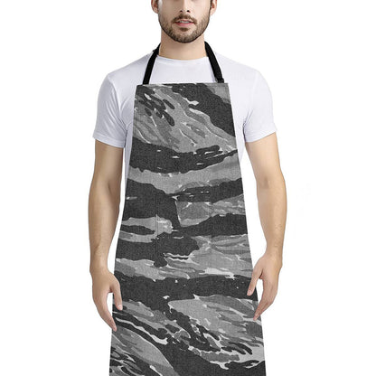 Grey Tiger Stripe Camouflage Print Bib Apron With Pocket