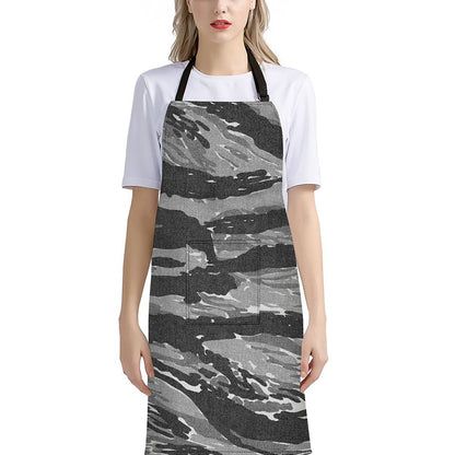 Grey Tiger Stripe Camouflage Print Bib Apron With Pocket