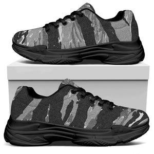 Grey Tiger Stripe Camouflage Print Black Chunky Shoes