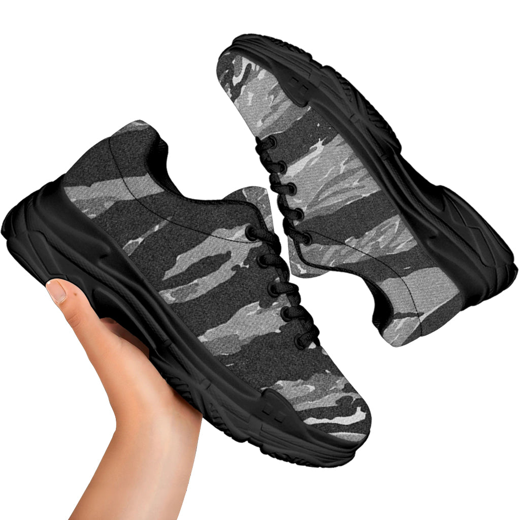 Grey Tiger Stripe Camouflage Print Black Chunky Shoes