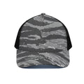 Grey Tiger Stripe Camouflage Print Black Mesh Trucker Hat