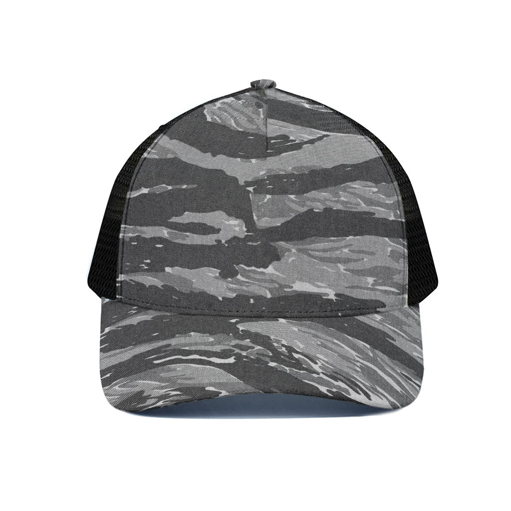 Grey Tiger Stripe Camouflage Print Black Mesh Trucker Cap