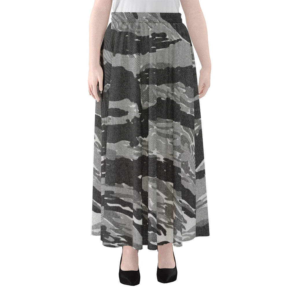 Grey Tiger Stripe Camouflage Print Chiffon Maxi Skirt