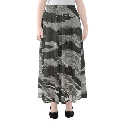 Grey Tiger Stripe Camouflage Print Chiffon Maxi Skirt
