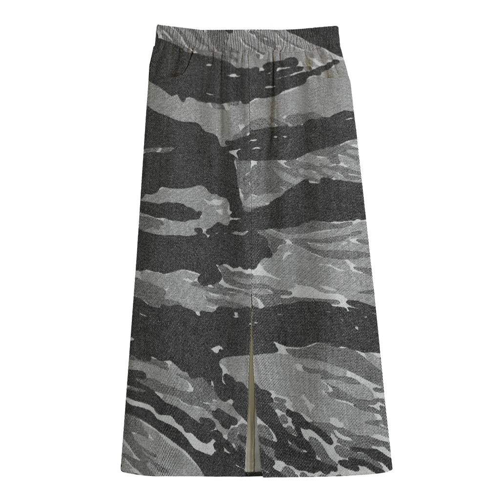 Grey Tiger Stripe Camouflage Print Cotton Front Slit Maxi Skirt