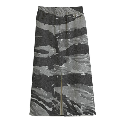Grey Tiger Stripe Camouflage Print Cotton Front Slit Maxi Skirt