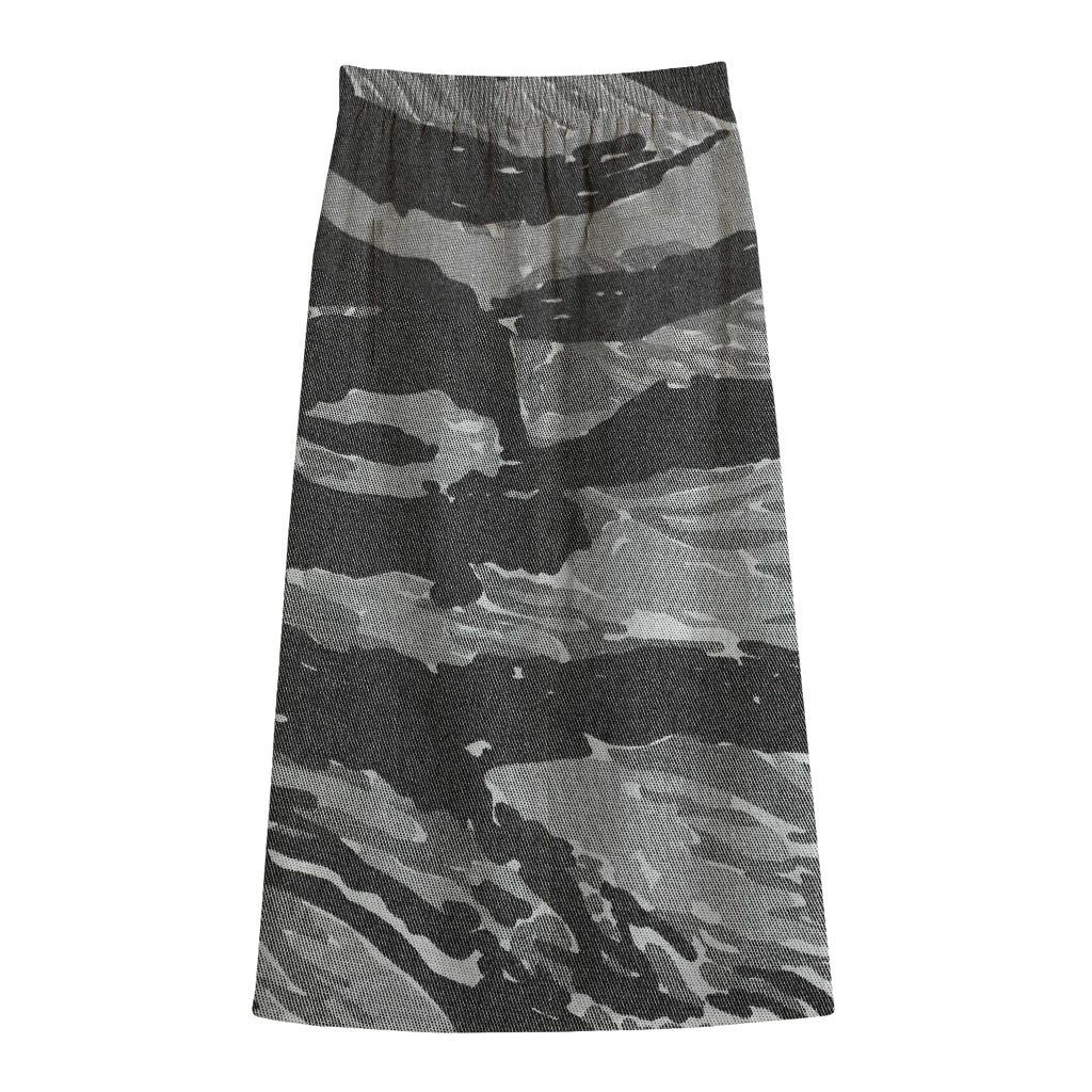 Grey Tiger Stripe Camouflage Print Cotton Front Slit Maxi Skirt