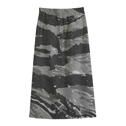 Grey Tiger Stripe Camouflage Print Cotton Front Slit Maxi Skirt