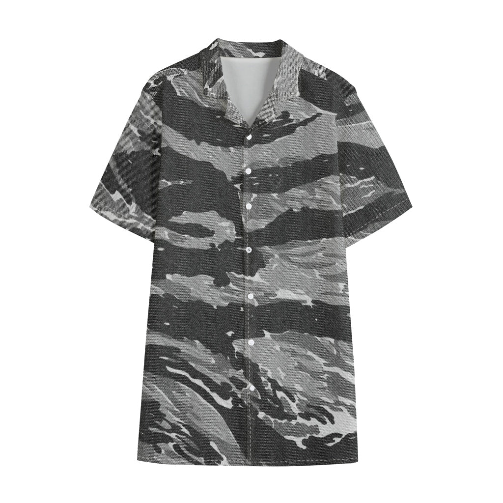 Grey Tiger Stripe Camouflage Print Cotton Hawaiian Shirt