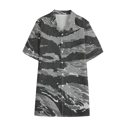 Grey Tiger Stripe Camouflage Print Cotton Hawaiian Shirt