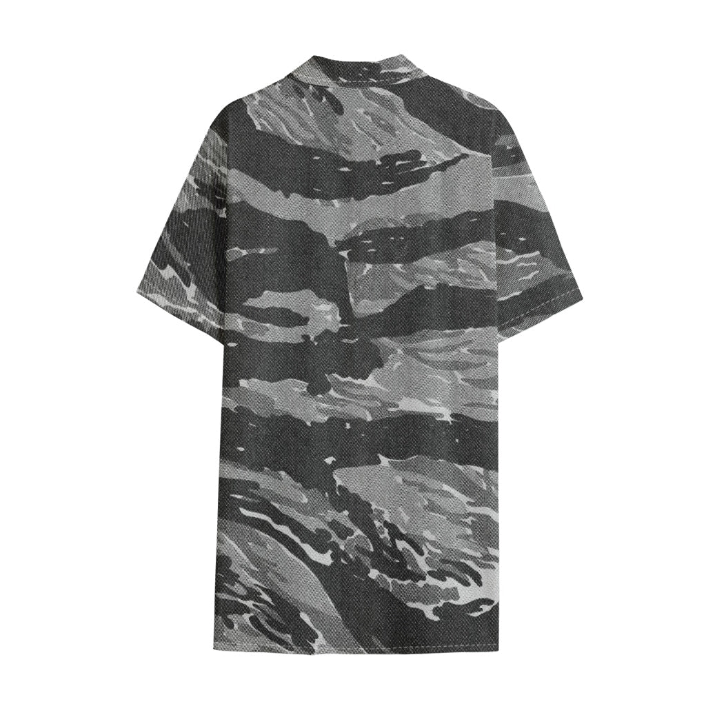 Grey Tiger Stripe Camouflage Print Cotton Hawaiian Shirt