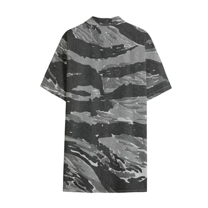 Grey Tiger Stripe Camouflage Print Cotton Hawaiian Shirt
