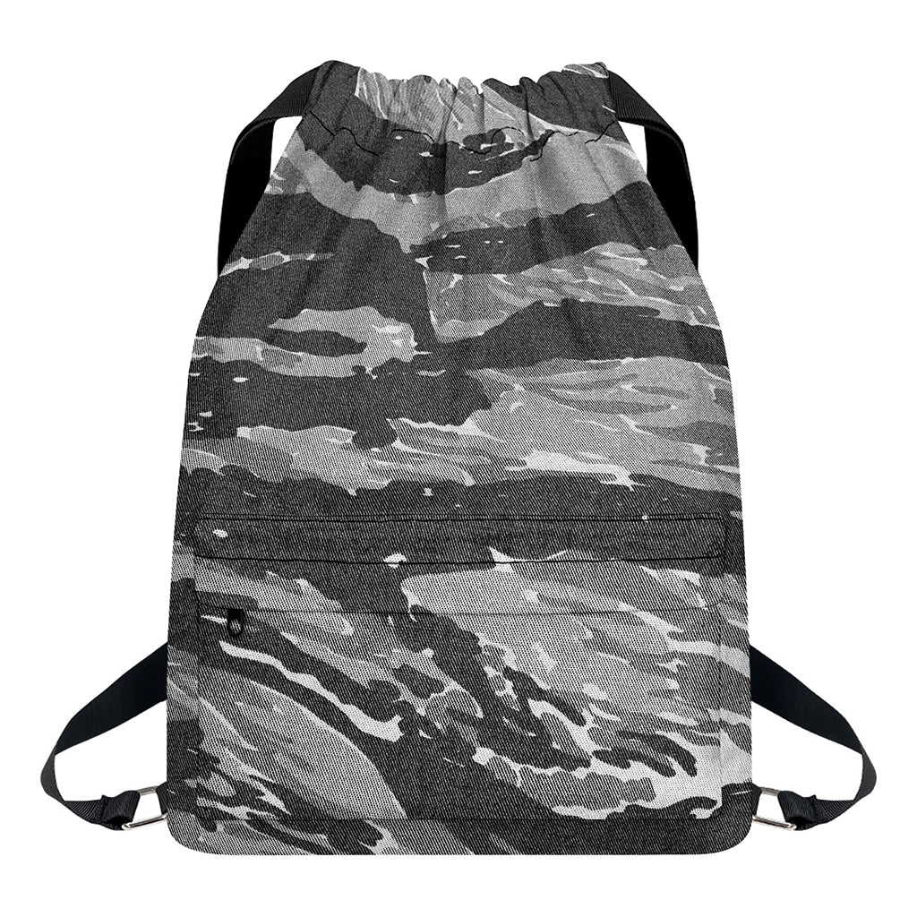Grey Tiger Stripe Camouflage Print Drawstring Backpack