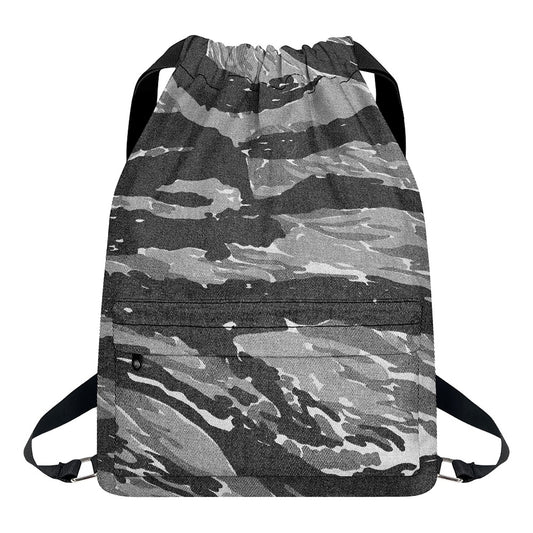 Grey Tiger Stripe Camouflage Print Drawstring Backpack