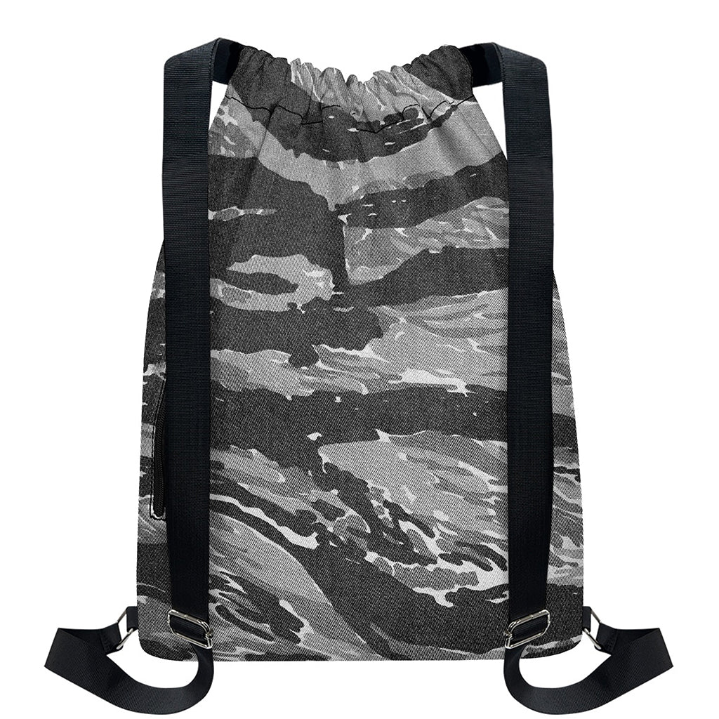 Grey Tiger Stripe Camouflage Print Drawstring Backpack