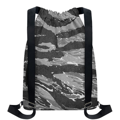 Grey Tiger Stripe Camouflage Print Drawstring Backpack