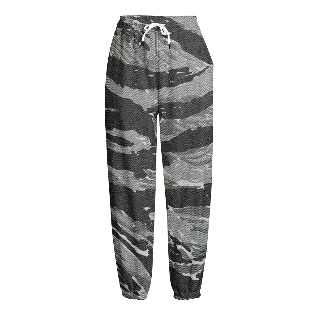 Grey Tiger Stripe Camouflage Print Fleece Lined Knit Pants