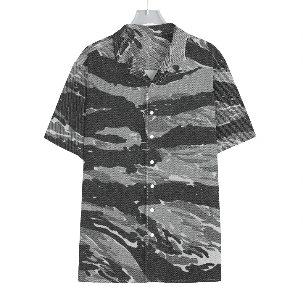Grey Tiger Stripe Camouflage Print Hawaiian Shirt