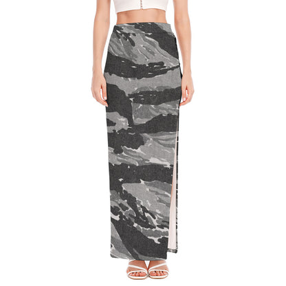 Grey Tiger Stripe Camouflage Print High Slit Maxi Skirt
