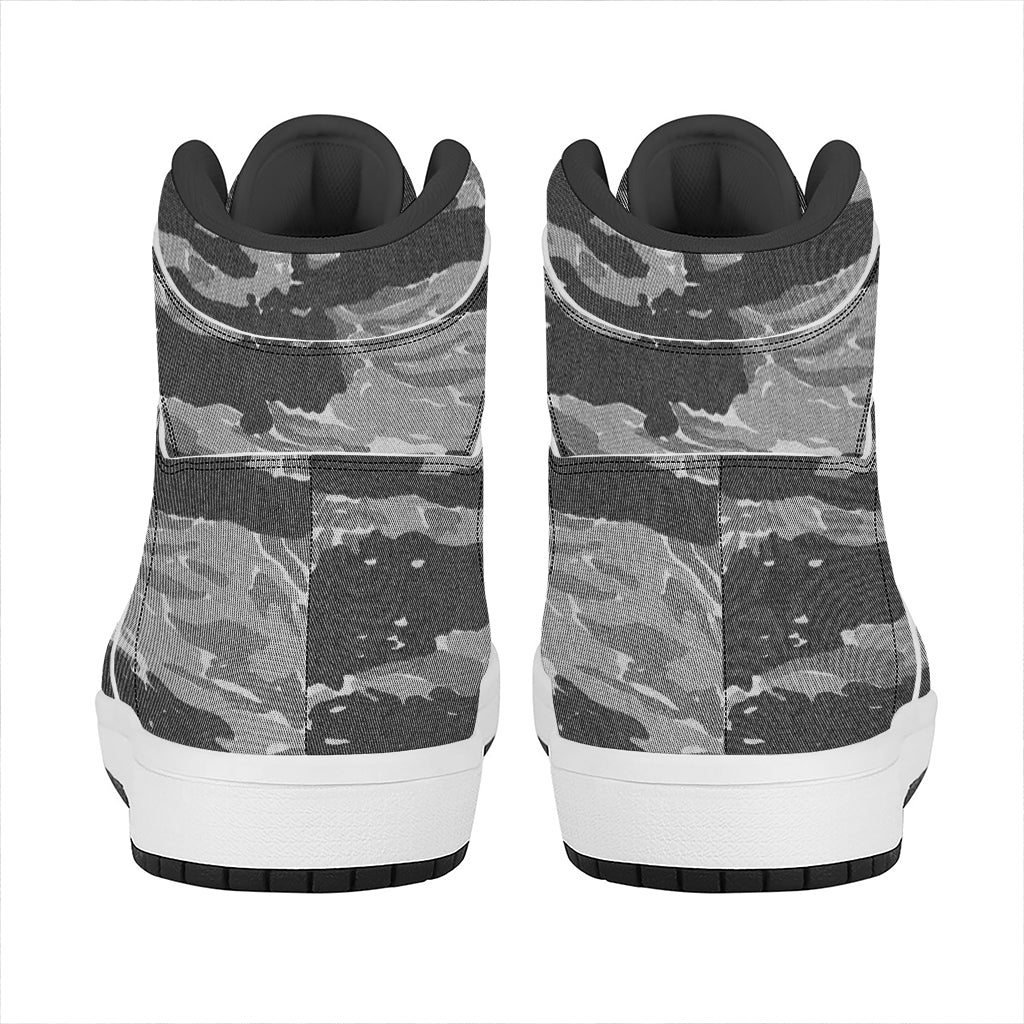 Grey Tiger Stripe Camouflage Print High Top Leather Sneakers