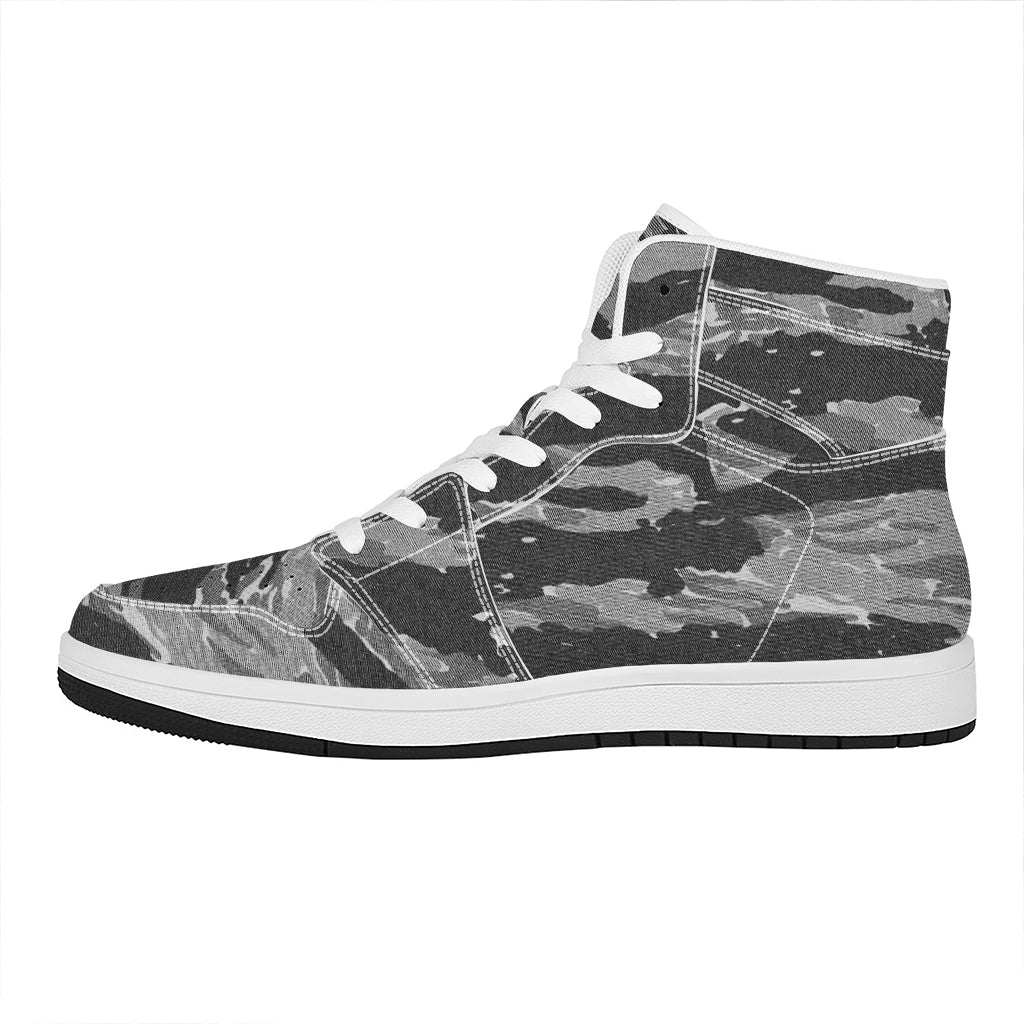 Grey Tiger Stripe Camouflage Print High Top Leather Sneakers