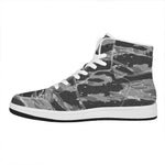 Grey Tiger Stripe Camouflage Print High Top Leather Sneakers