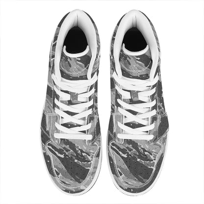 Grey Tiger Stripe Camouflage Print High Top Leather Sneakers