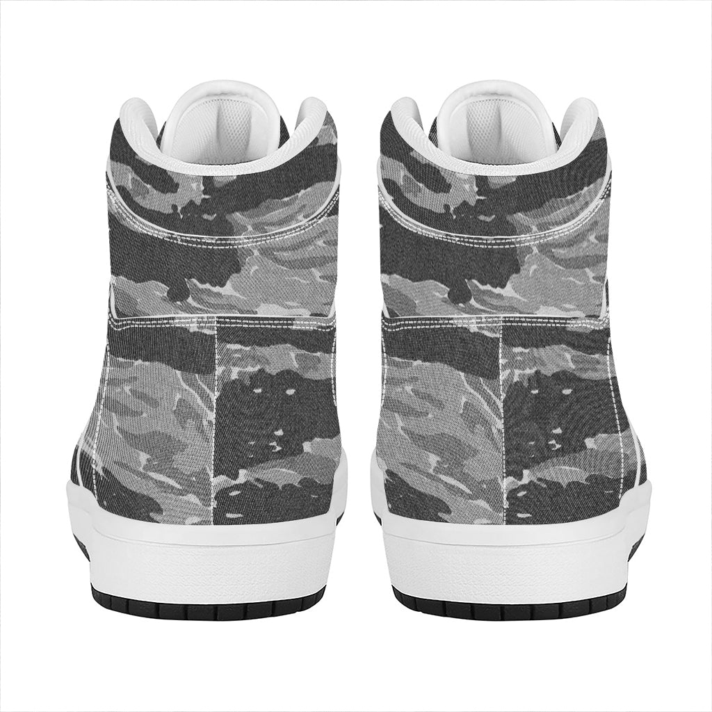 Grey Tiger Stripe Camouflage Print High Top Leather Sneakers
