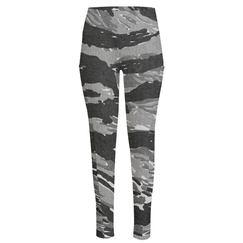 Grey Tiger Stripe Camouflage Print High-Waisted Pocket Leggings