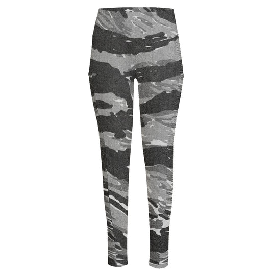 Grey Tiger Stripe Camouflage Print High-Waisted Pocket Leggings