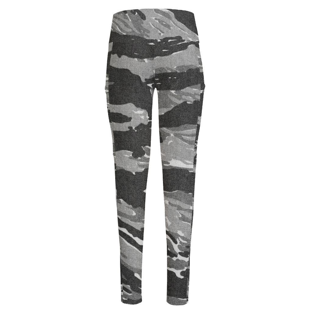 Grey Tiger Stripe Camouflage Print High-Waisted Pocket Leggings