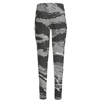 Grey Tiger Stripe Camouflage Print High-Waisted Pocket Leggings