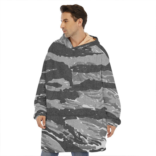 Grey Tiger Stripe Camouflage Print Hoodie Blanket