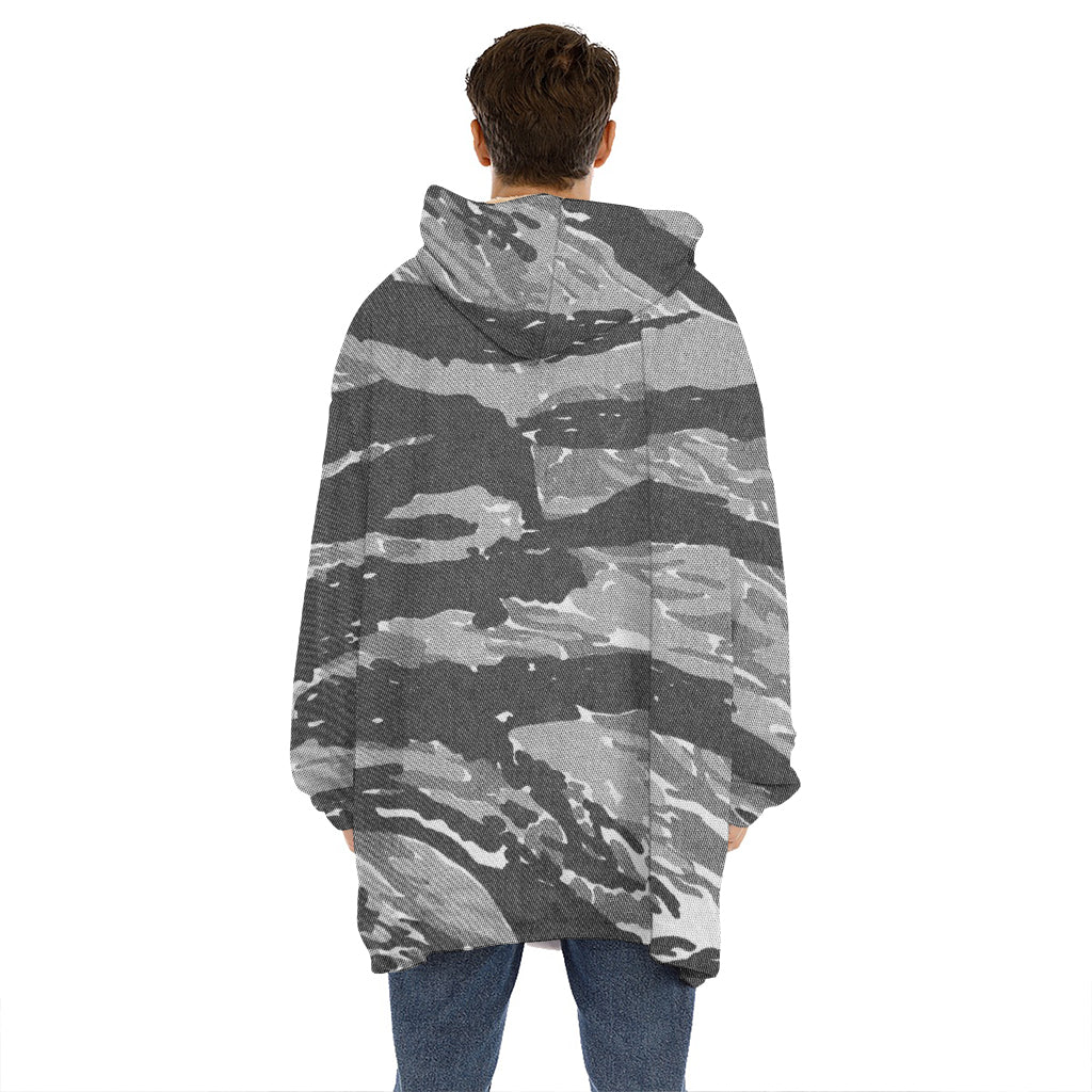 Grey Tiger Stripe Camouflage Print Hoodie Blanket