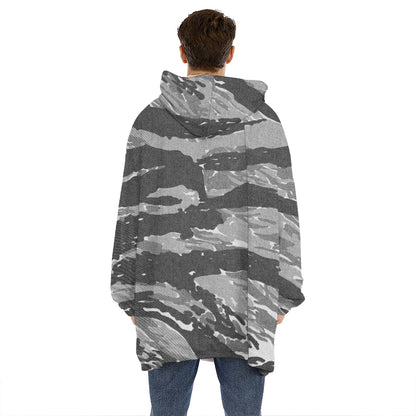 Grey Tiger Stripe Camouflage Print Hoodie Blanket