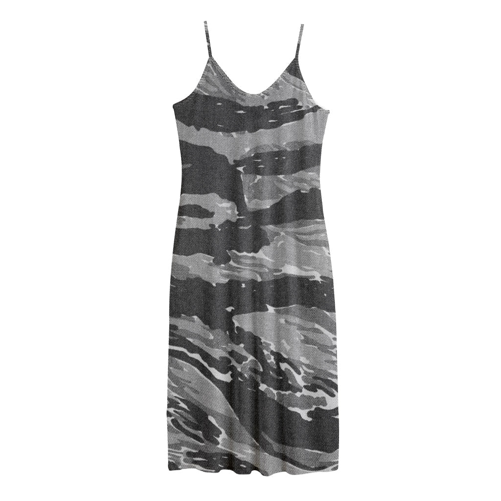 Grey Tiger Stripe Camouflage Print Jersey Midi Cami Dress