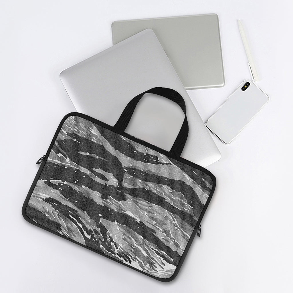 Grey Tiger Stripe Camouflage Print Laptop Sleeve With Handle