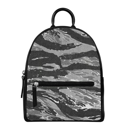 Grey Tiger Stripe Camouflage Print Leather Backpack