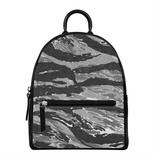 Grey Tiger Stripe Camouflage Print Leather Backpack