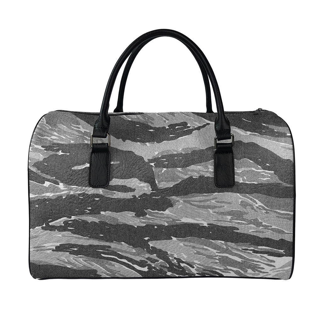 Grey Tiger Stripe Camouflage Print Leather Duffle Bag