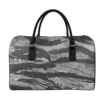 Grey Tiger Stripe Camouflage Print Leather Duffle Bag