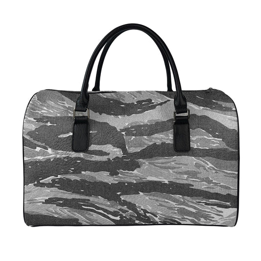 Grey Tiger Stripe Camouflage Print Leather Duffle Bag