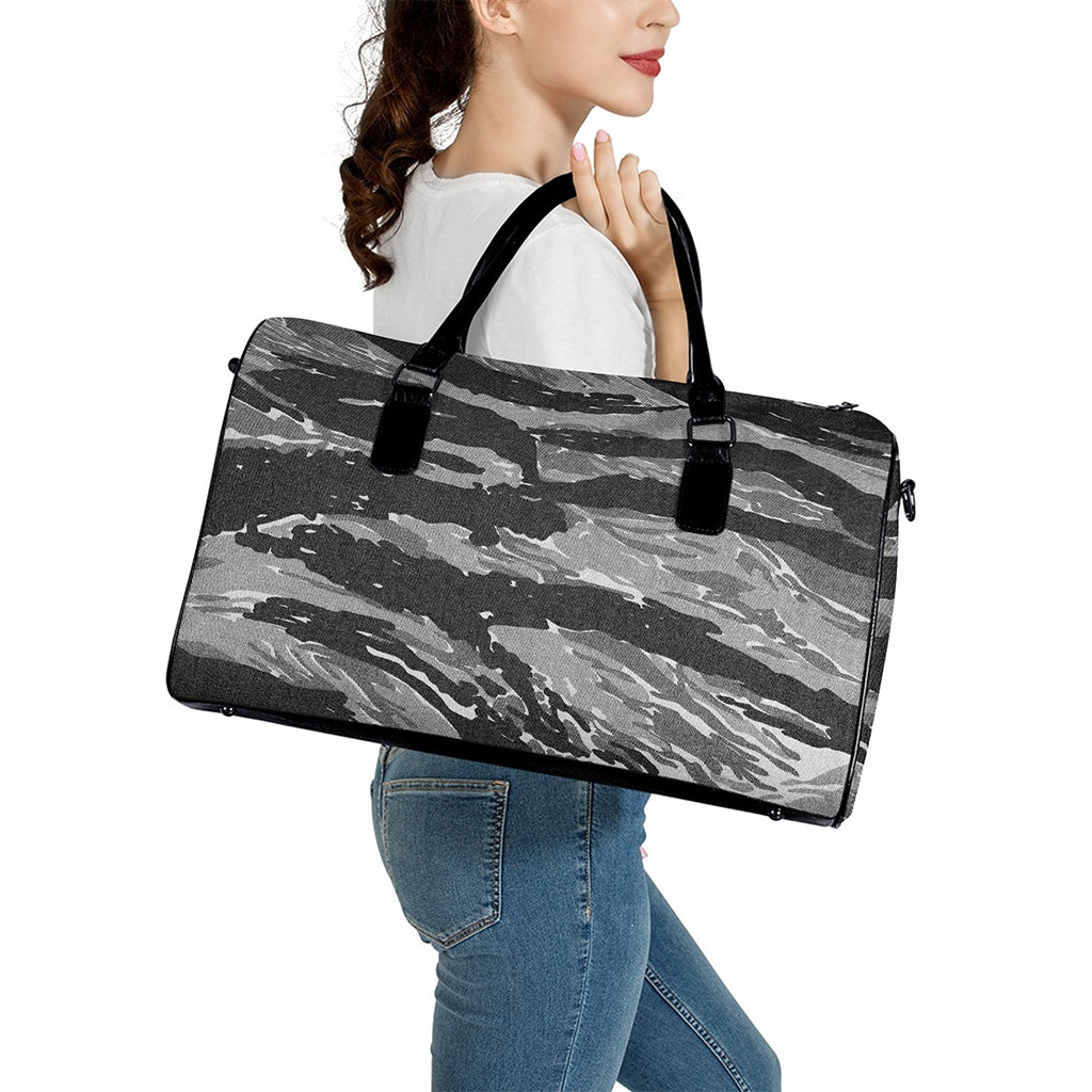 Grey Tiger Stripe Camouflage Print Leather Duffle Bag