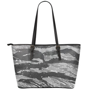 Grey Tiger Stripe Camouflage Print Leather Tote Bag