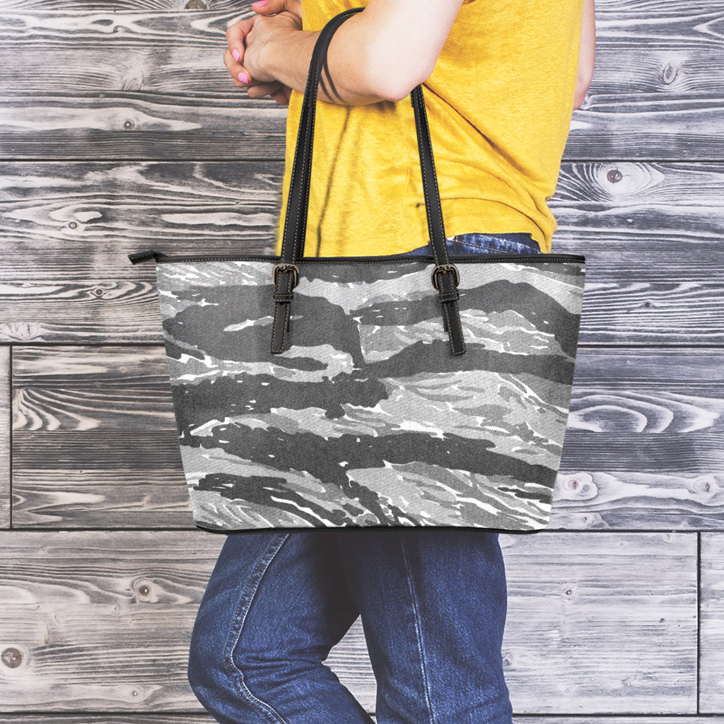 Grey Tiger Stripe Camouflage Print Leather Tote Bag